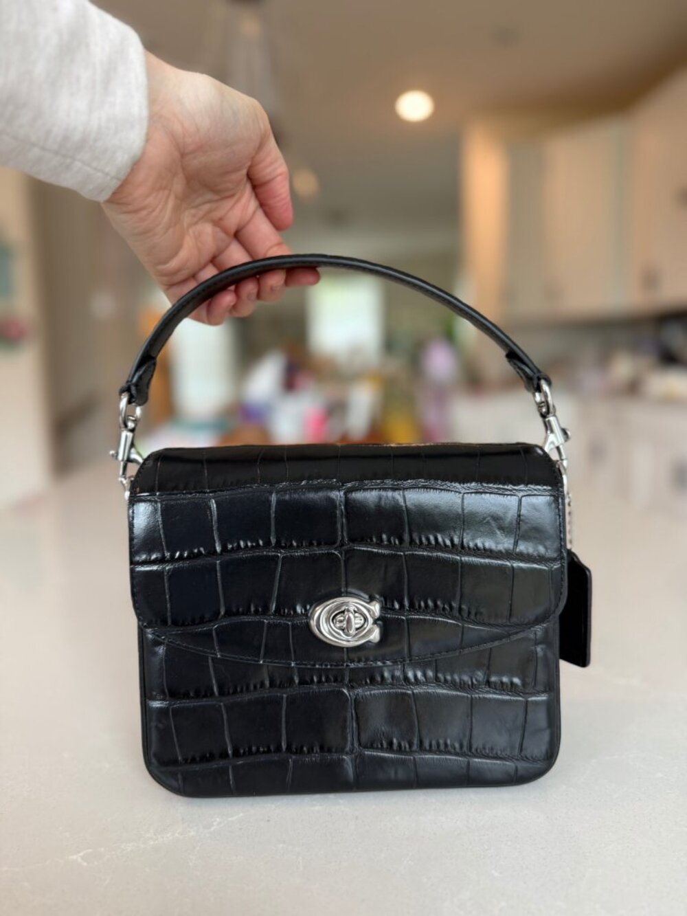 Coach Cassie Black Croc-Embossed Crossbody Bag with Chain Strap